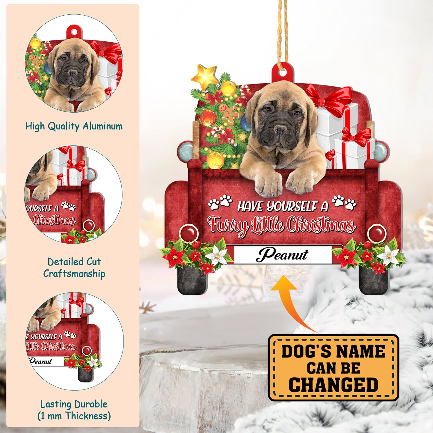 Personalized Bullmastiff Red Truck Christmas Aluminum Ornament