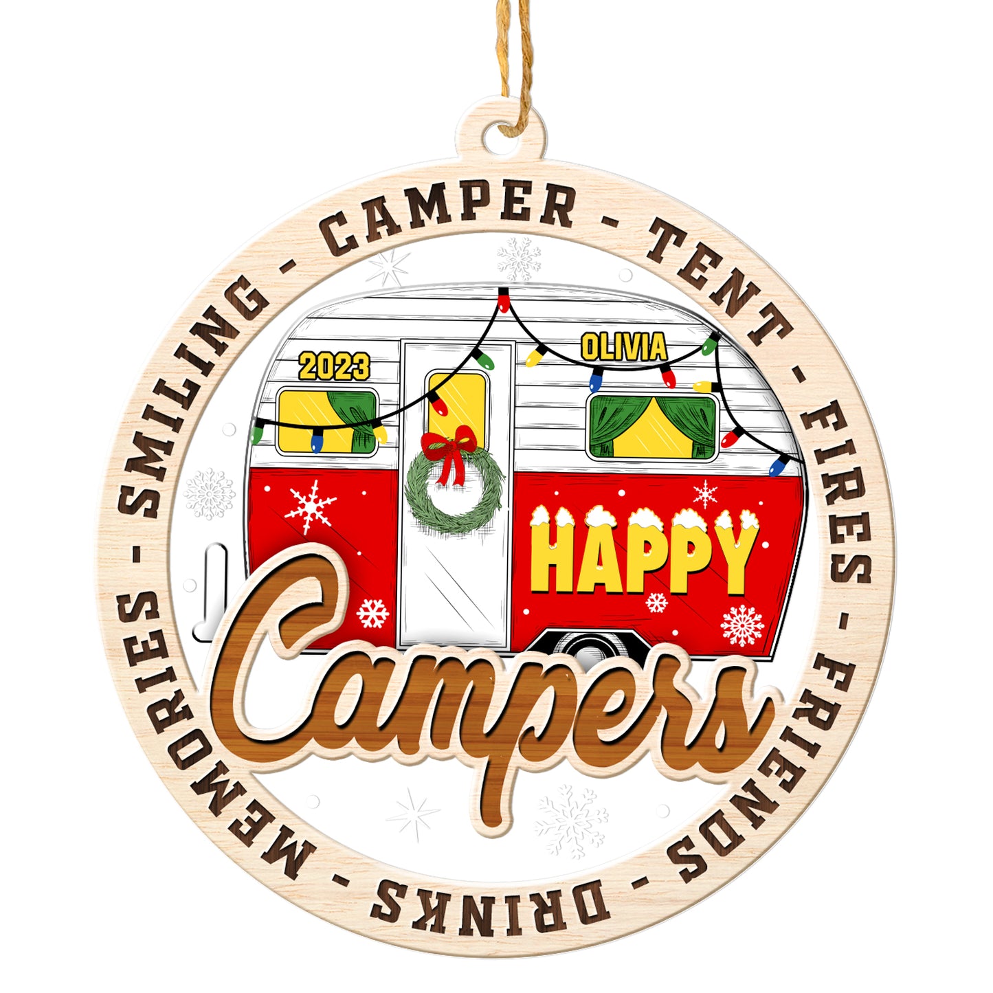 Personalized Camping 2-Layer Wood & Acrylic Christmas Ornament