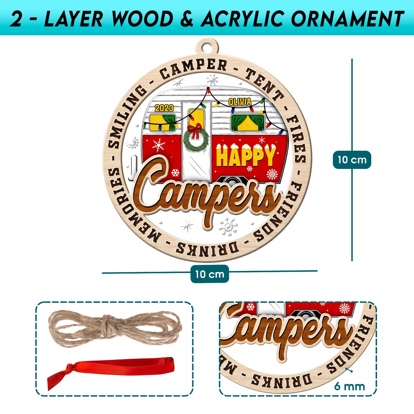 Personalized Camping 2-Layer Wood & Acrylic Christmas Ornament