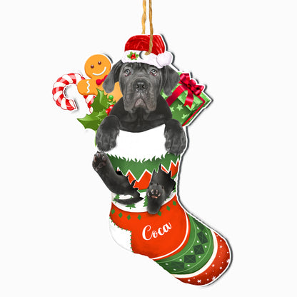 Personalized Black Cane Corso In Christmas Stocking Aluminum Ornament