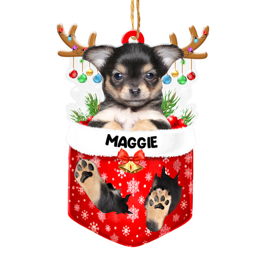 Personalized Black Chihuahua In Snow Pocket Christmas Acrylic Ornament
