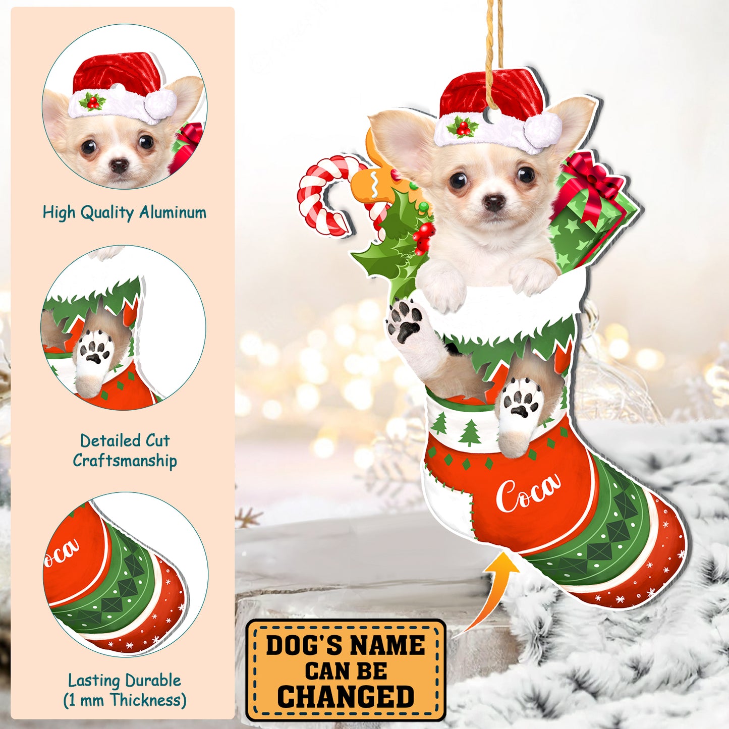 Personalized Chihuahua In Christmas Stocking Aluminum Ornament