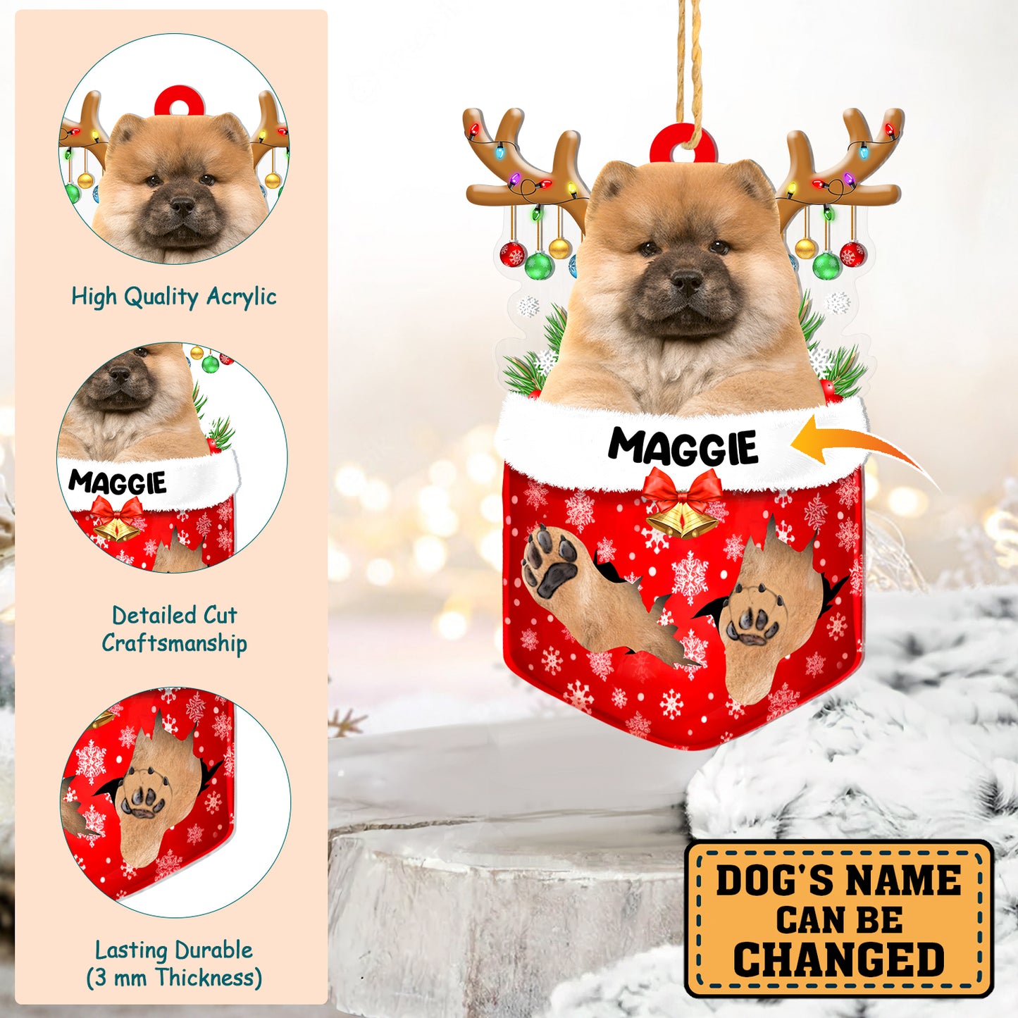 Personalized Chow Chow In Snow Pocket Christmas Acrylic Ornament