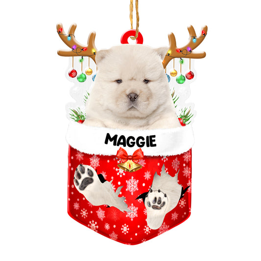 Personalized White Chow Chow In Snow Pocket Christmas Acrylic Ornament