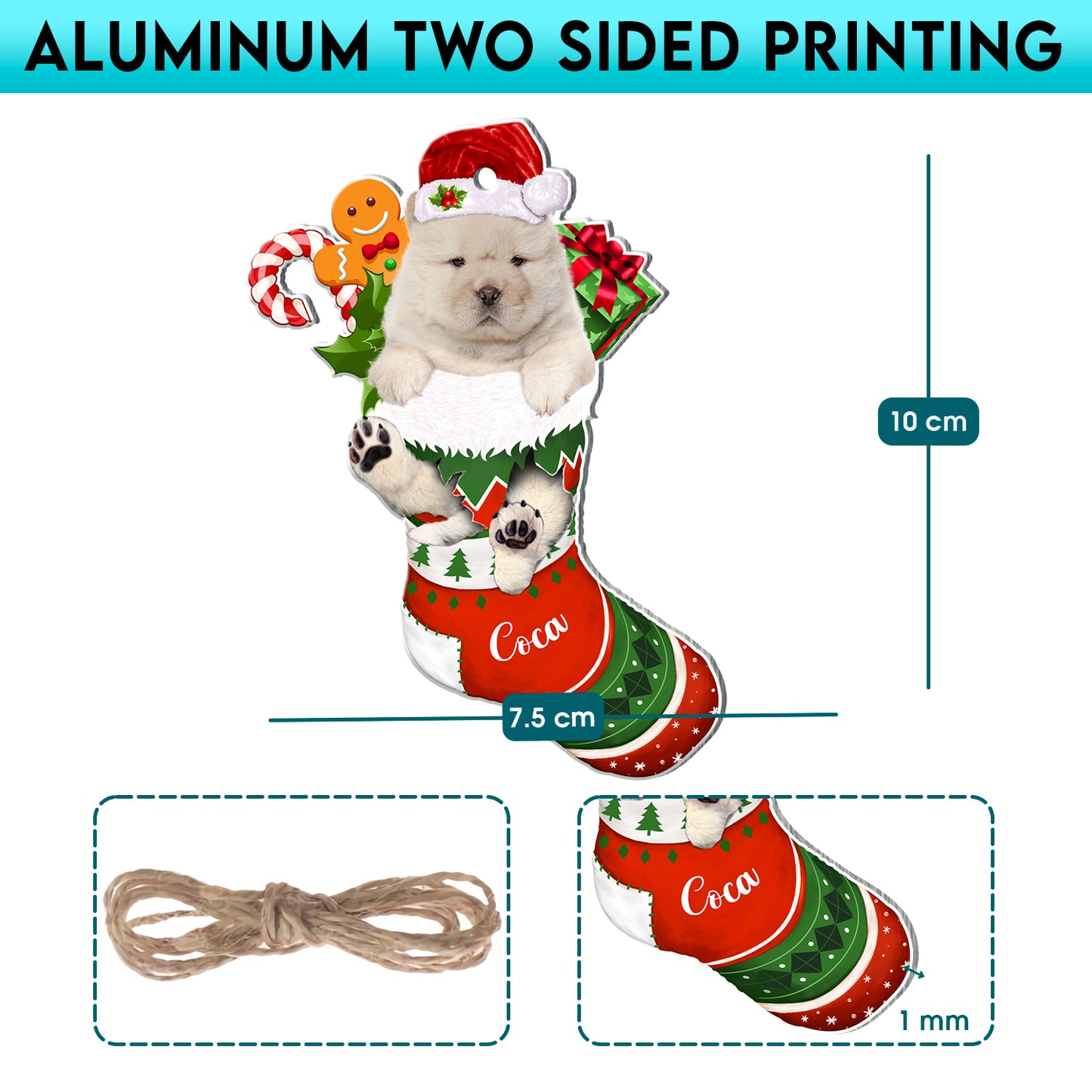 Personalized White Chow Chow In Christmas Stocking Aluminum Ornament