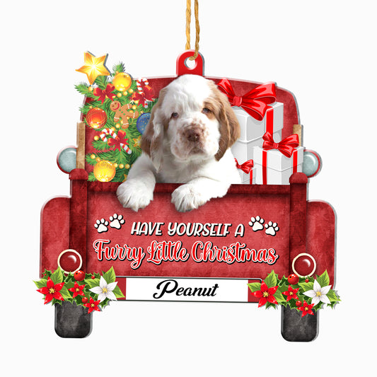 Personalized Clumber Spaniel Red Truck Christmas Aluminum Ornament