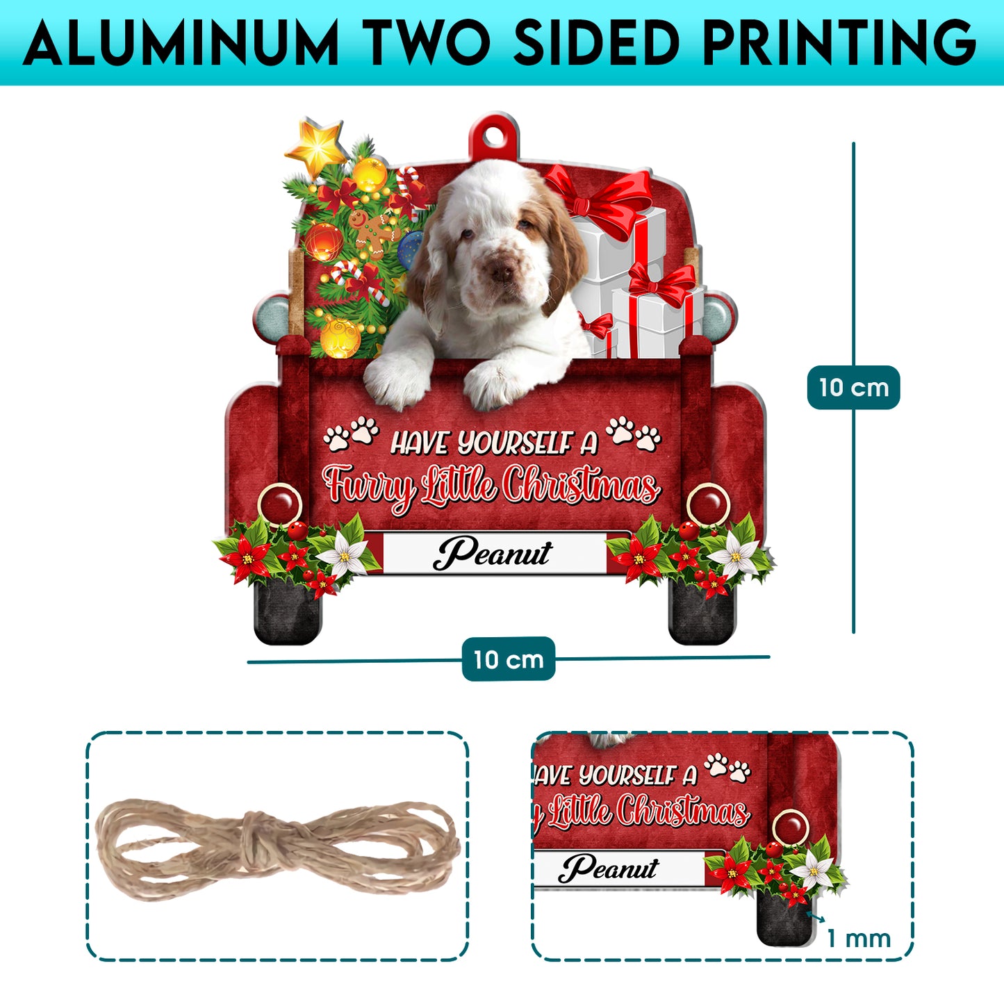 Personalized Clumber Spaniel Red Truck Christmas Aluminum Ornament