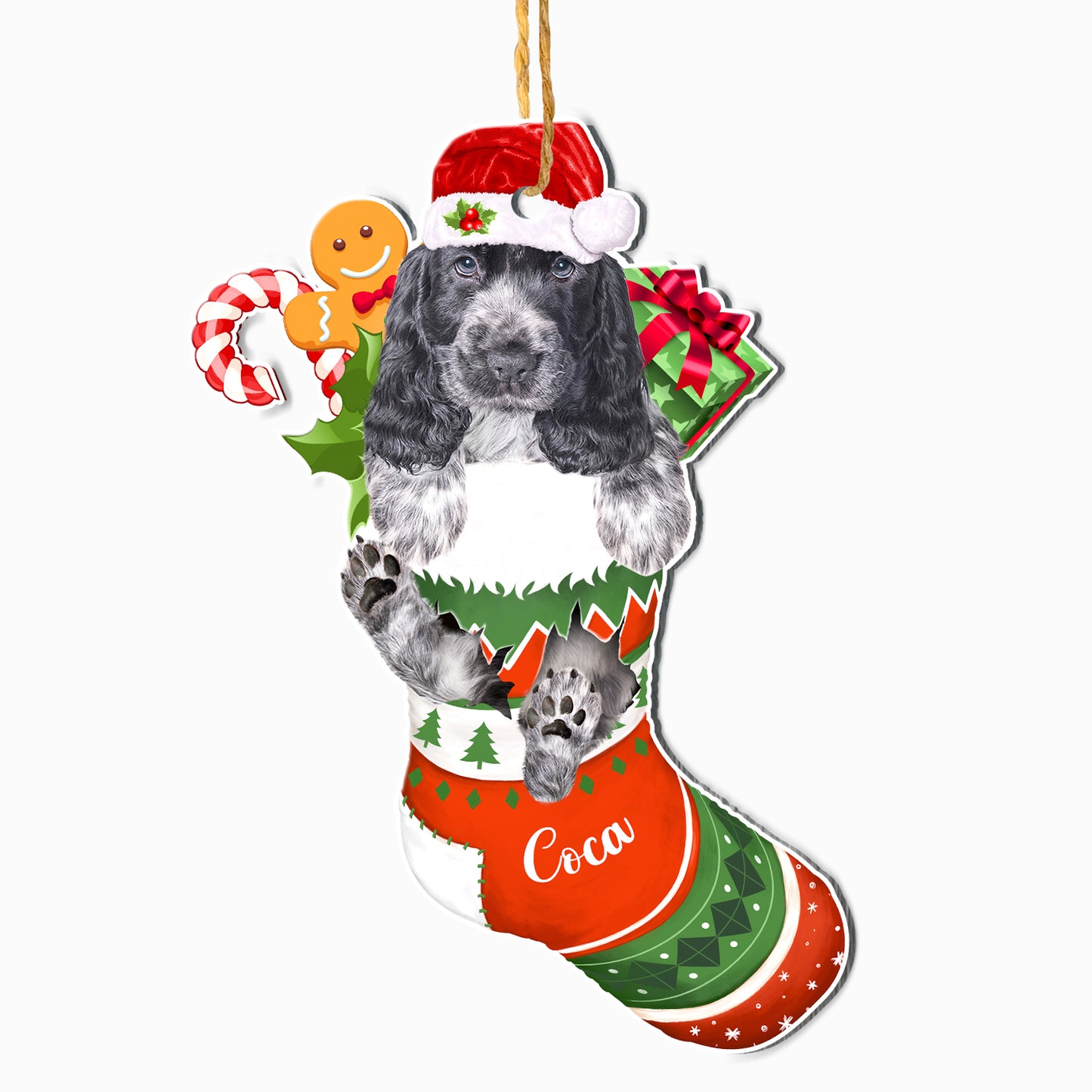 Personalized Black Cocker Spaniel In Christmas Stocking Aluminum Ornament