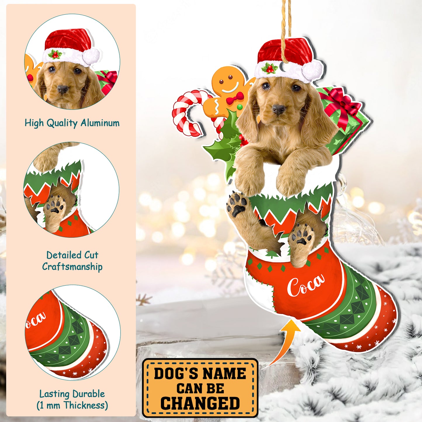 Personalized Cocker Spaniel In Christmas Stocking Aluminum Ornament