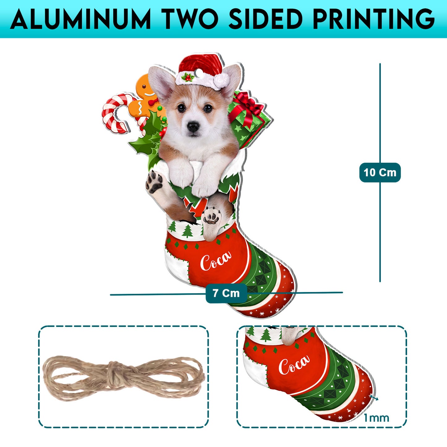 Personalized Corgi In Christmas Stocking Aluminum Ornament