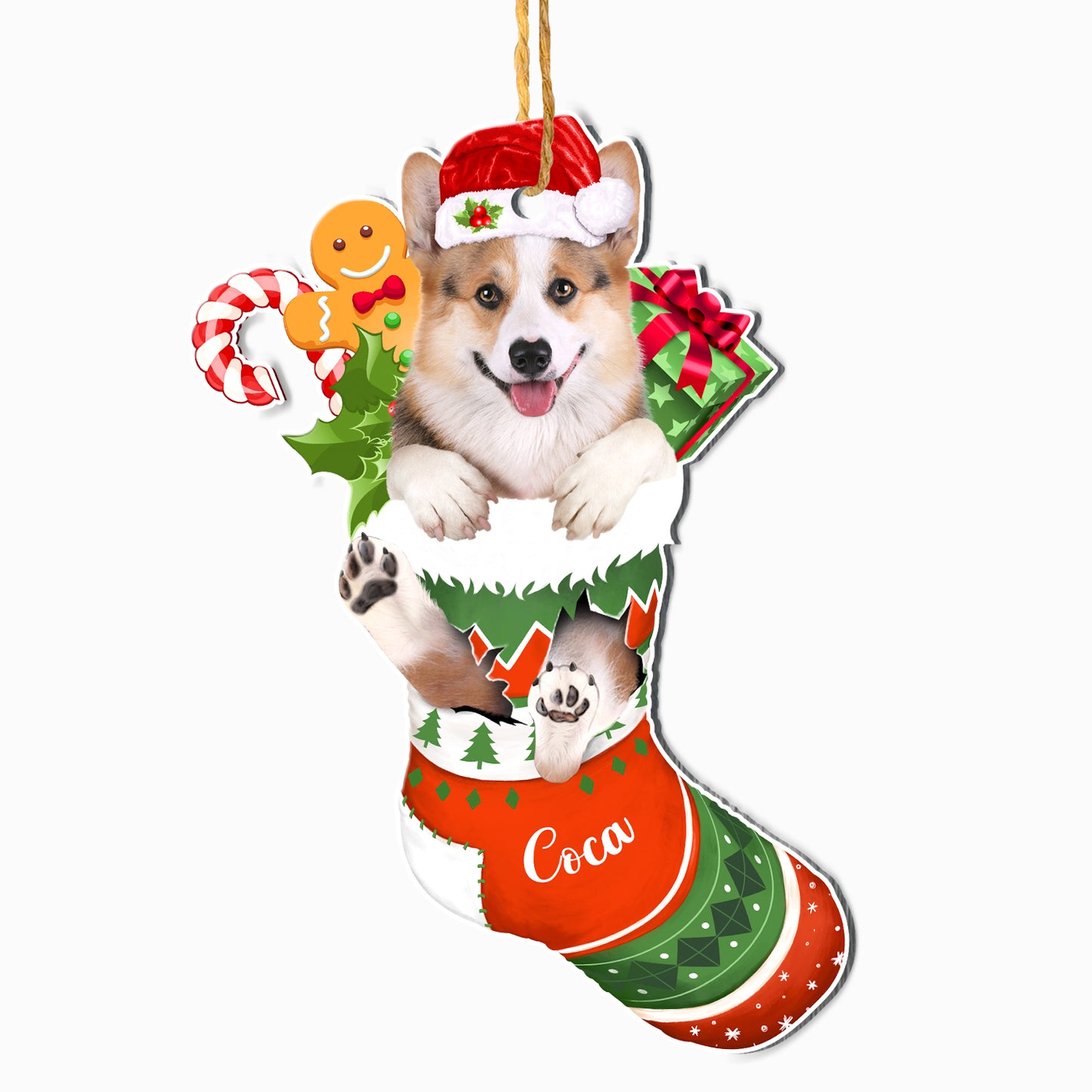 Personalized Corgi In Christmas Stocking Aluminum Ornament