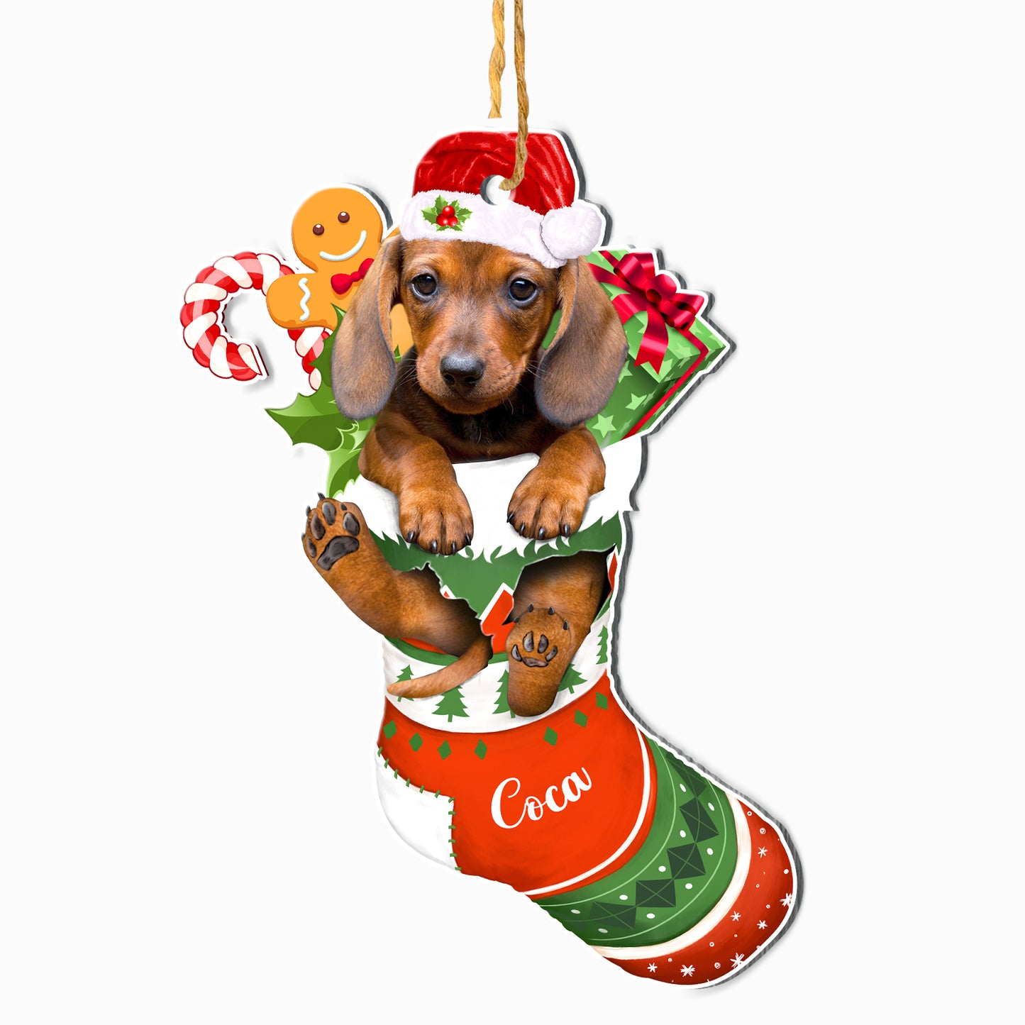 Personalized Brown Dachshund In Christmas Stocking Aluminum Ornament