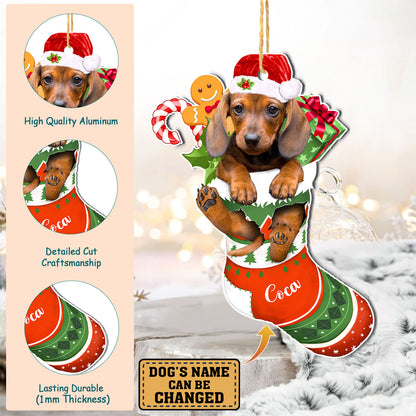 Personalized Brown Dachshund In Christmas Stocking Aluminum Ornament