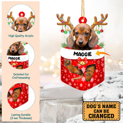 Personalized Chocolate Dachshund In Snow Pocket Christmas Acrylic Ornament