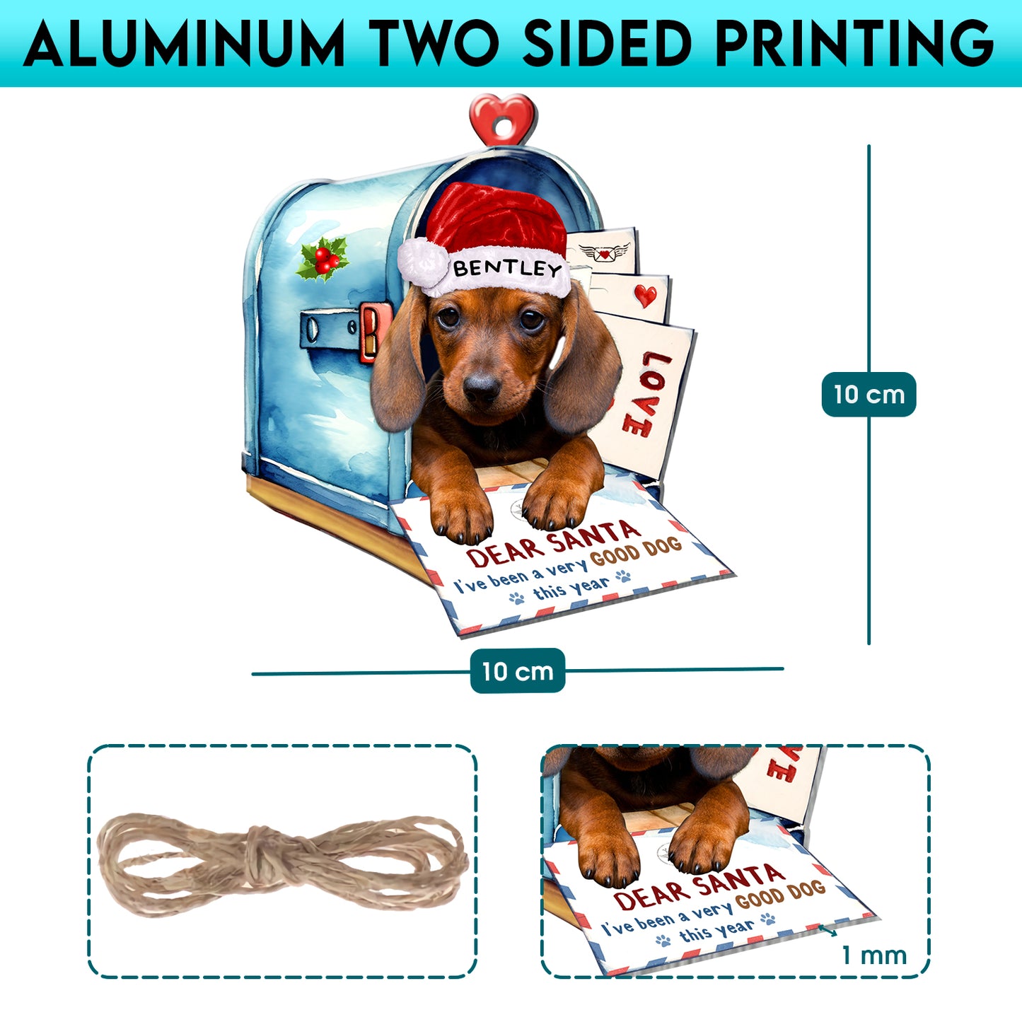 Personalized Chocolate Dachshund In Mailbox Christmas Aluminum Ornament