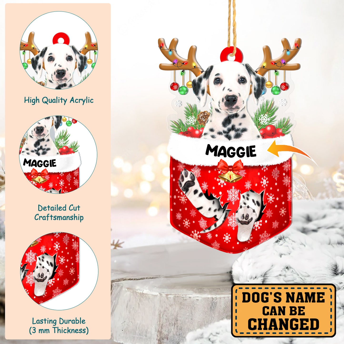Personalized Dalmatian In Snow Pocket Christmas Acrylic Ornament
