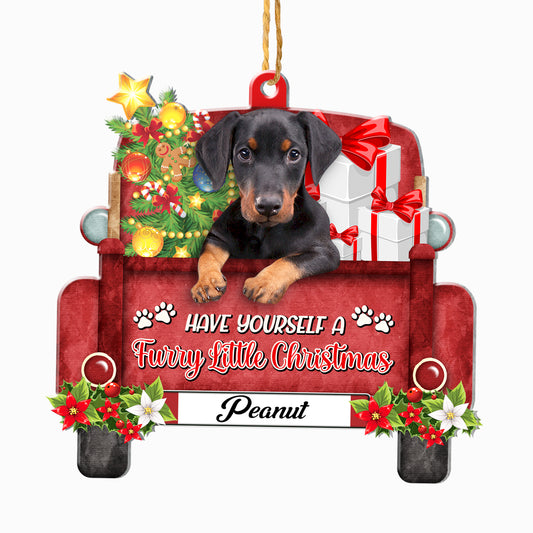Personalized Doberman Pinscher Red Truck Christmas Aluminum Ornament