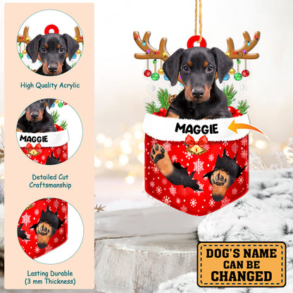 Personalized Doberman Pinscher In Snow Pocket Christmas Acrylic Ornament