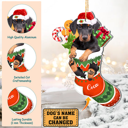 Personalized Doberman Pinscher In Christmas Stocking Aluminum Ornament