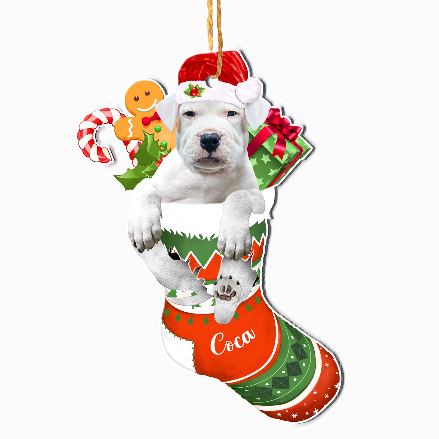 Personalized Dogo Argentino In Christmas Stocking Aluminum Ornament