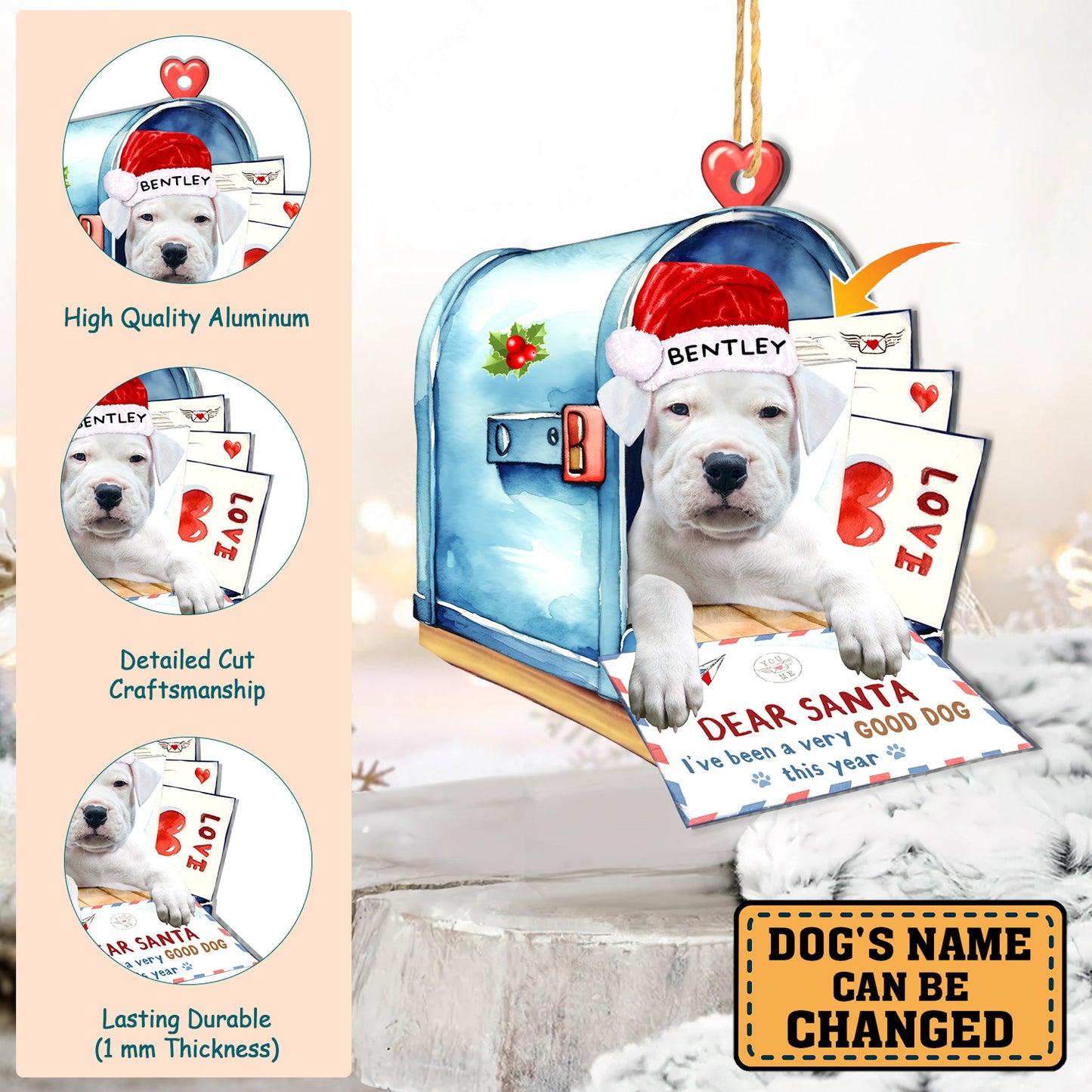 Personalized Dogo Argentino In Mailbox Christmas Aluminum Ornament