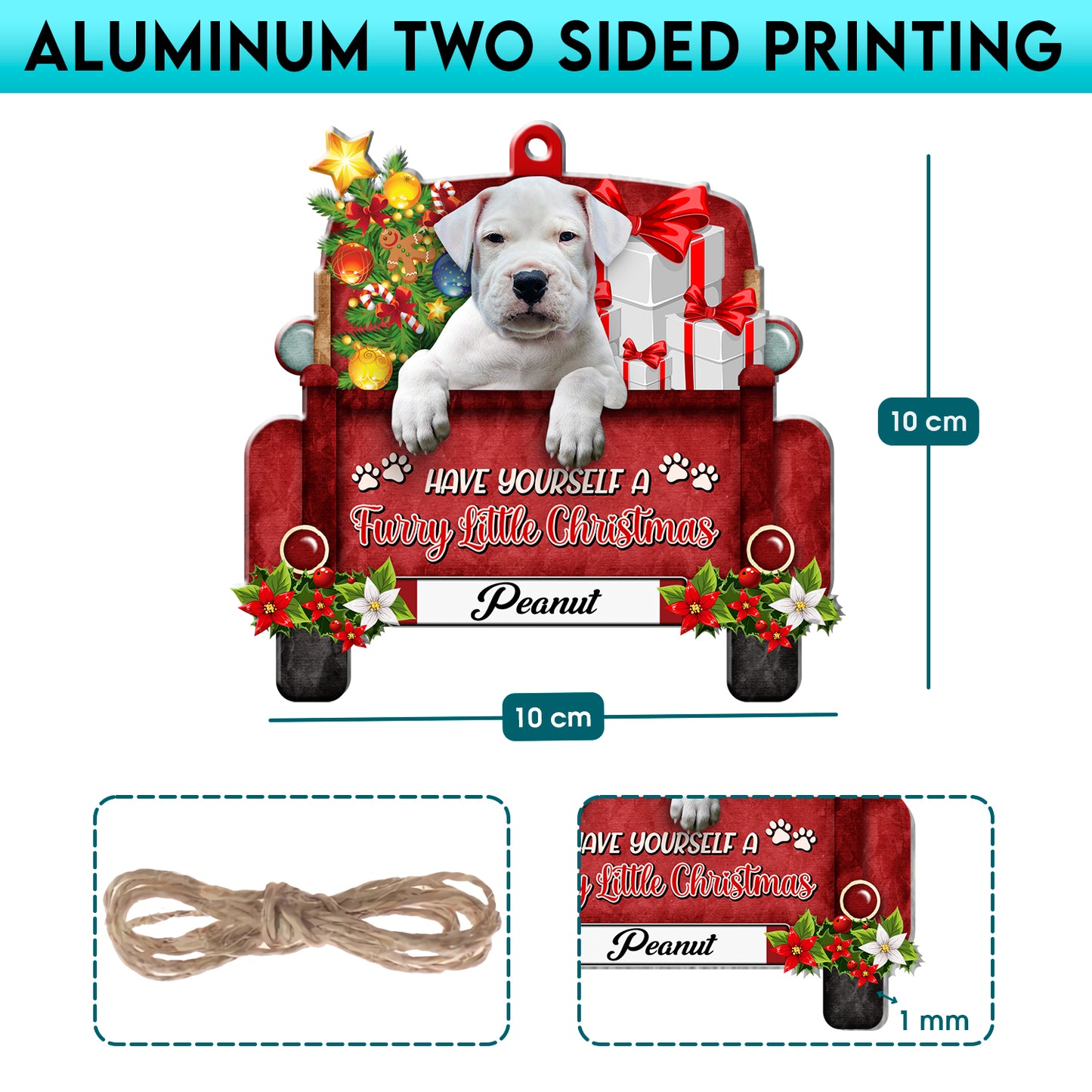Personalized Dogo Argentino Red Truck Christmas Aluminum Ornament