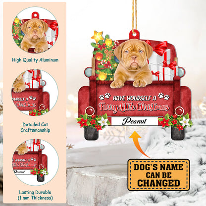 Personalized Dogue De Bordeaux Red Truck Christmas Aluminum Ornament