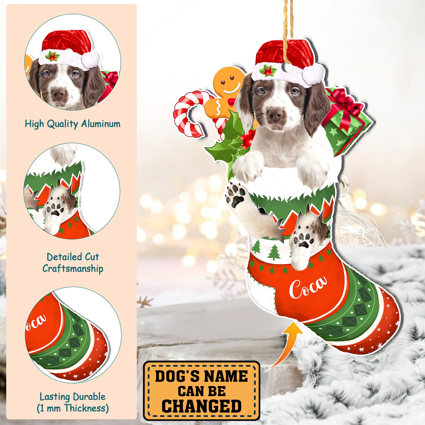 Personalized English Springer Spaniel In Christmas Stocking Aluminum Ornament