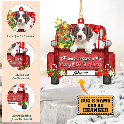 Personalized English Springer Spaniel Red Truck Christmas Aluminum Ornament