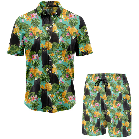 Black Cat Pineapple Tropical Hawaiian Shirt And Shorts