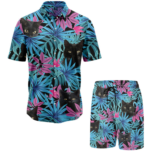 Black Cat Pink Tropical Hawaiian Shirt And Shorts