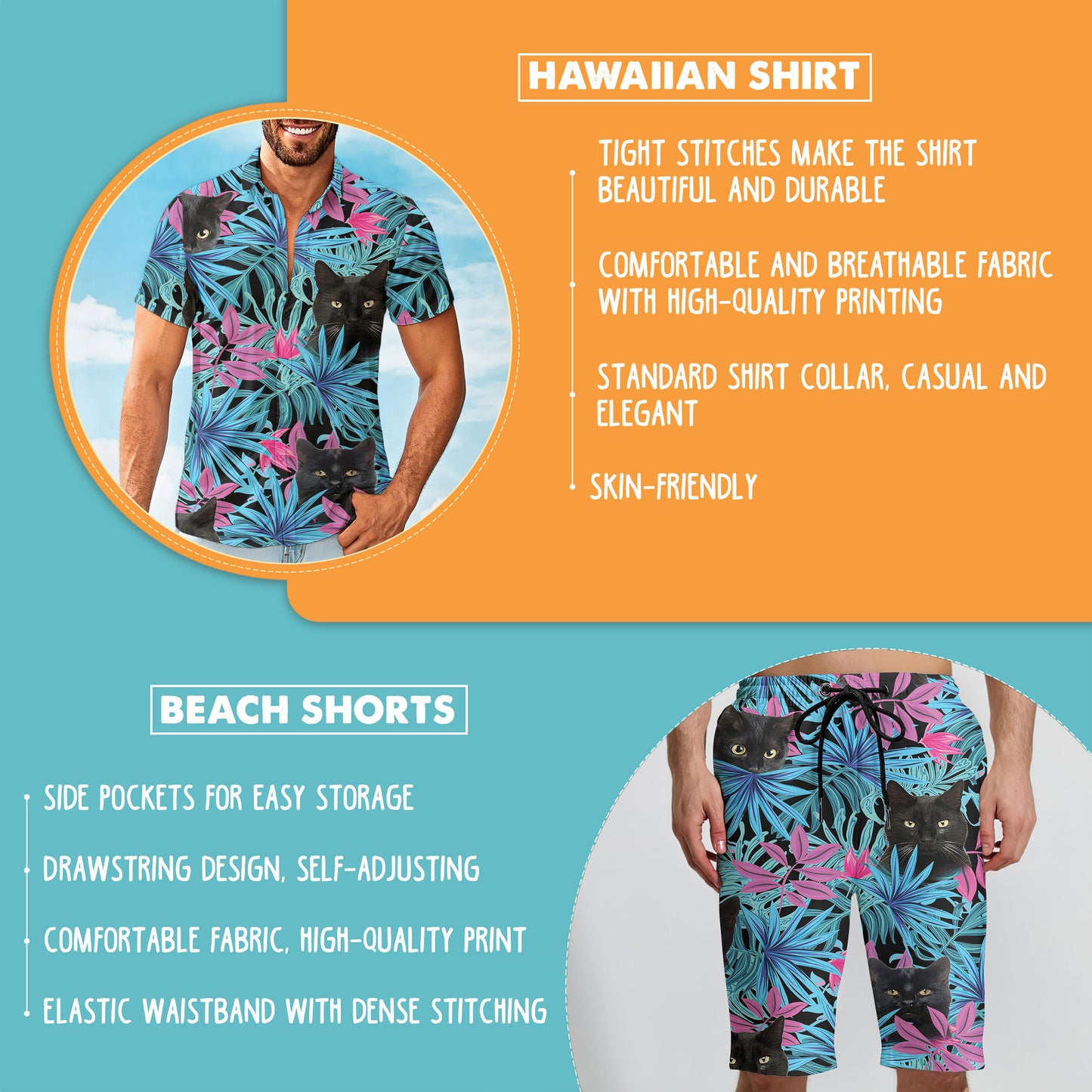 Black Cat Pink Tropical Hawaiian Shirt And Shorts