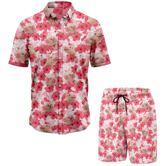 Pig And Tropical Hibiscus Hawaiian Shirt And Shorts