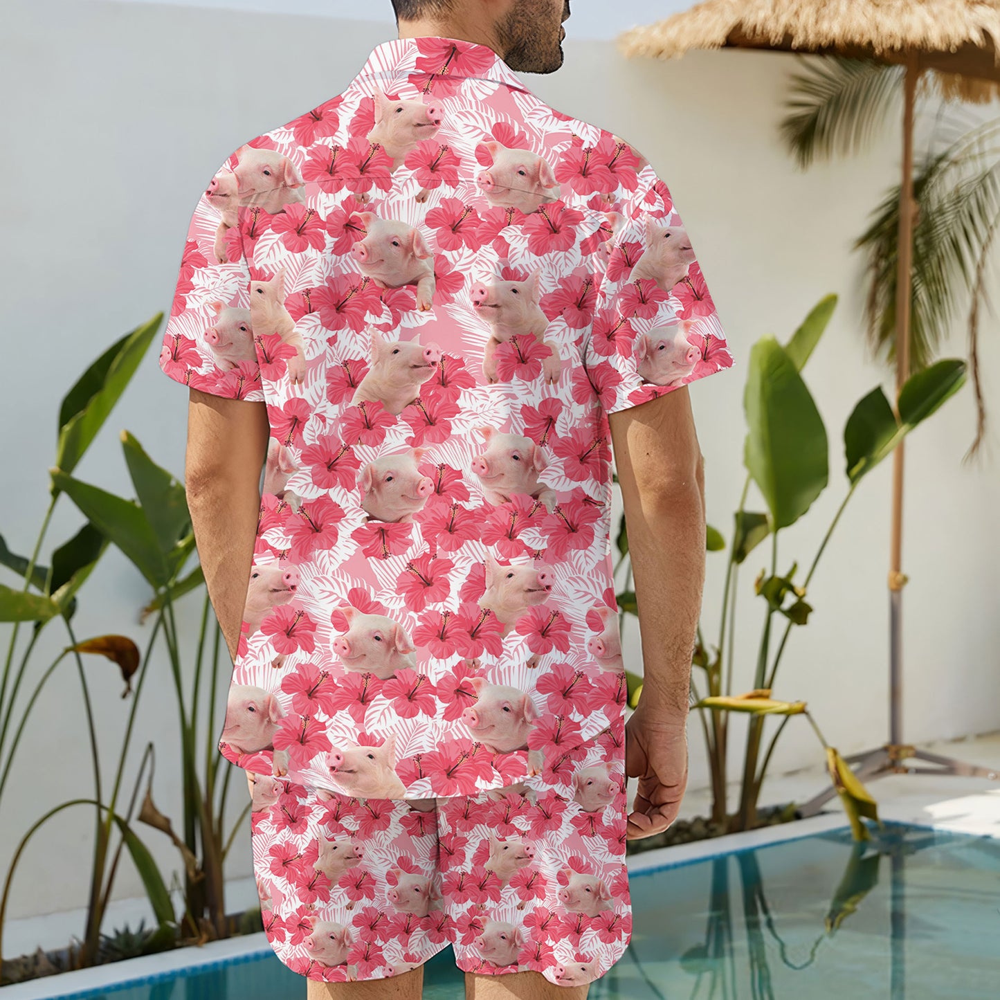 Pig And Tropical Hibiscus Hawaiian Shirt And Shorts