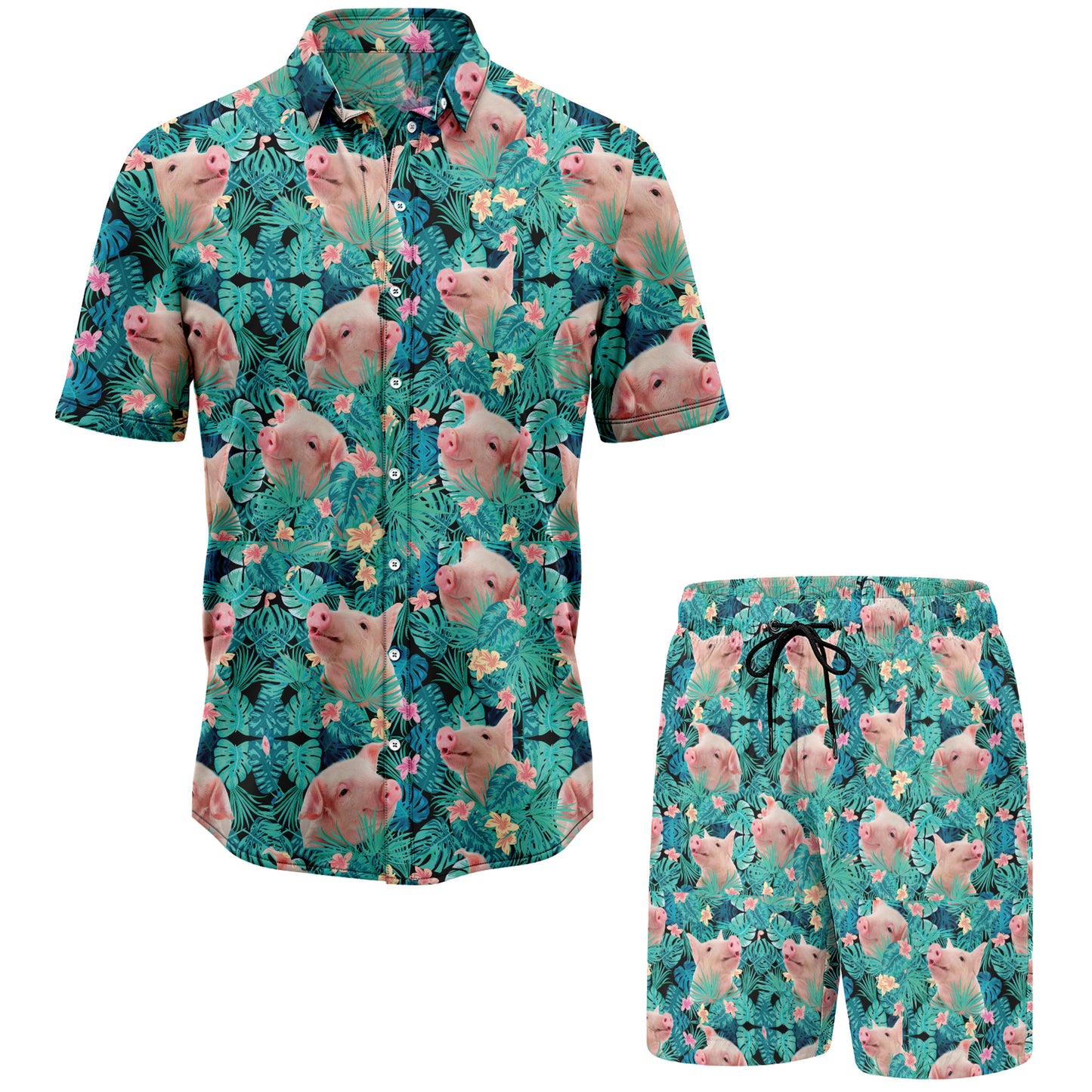 Pig And Tropical Plants Hawaiian Shirt And Shorts