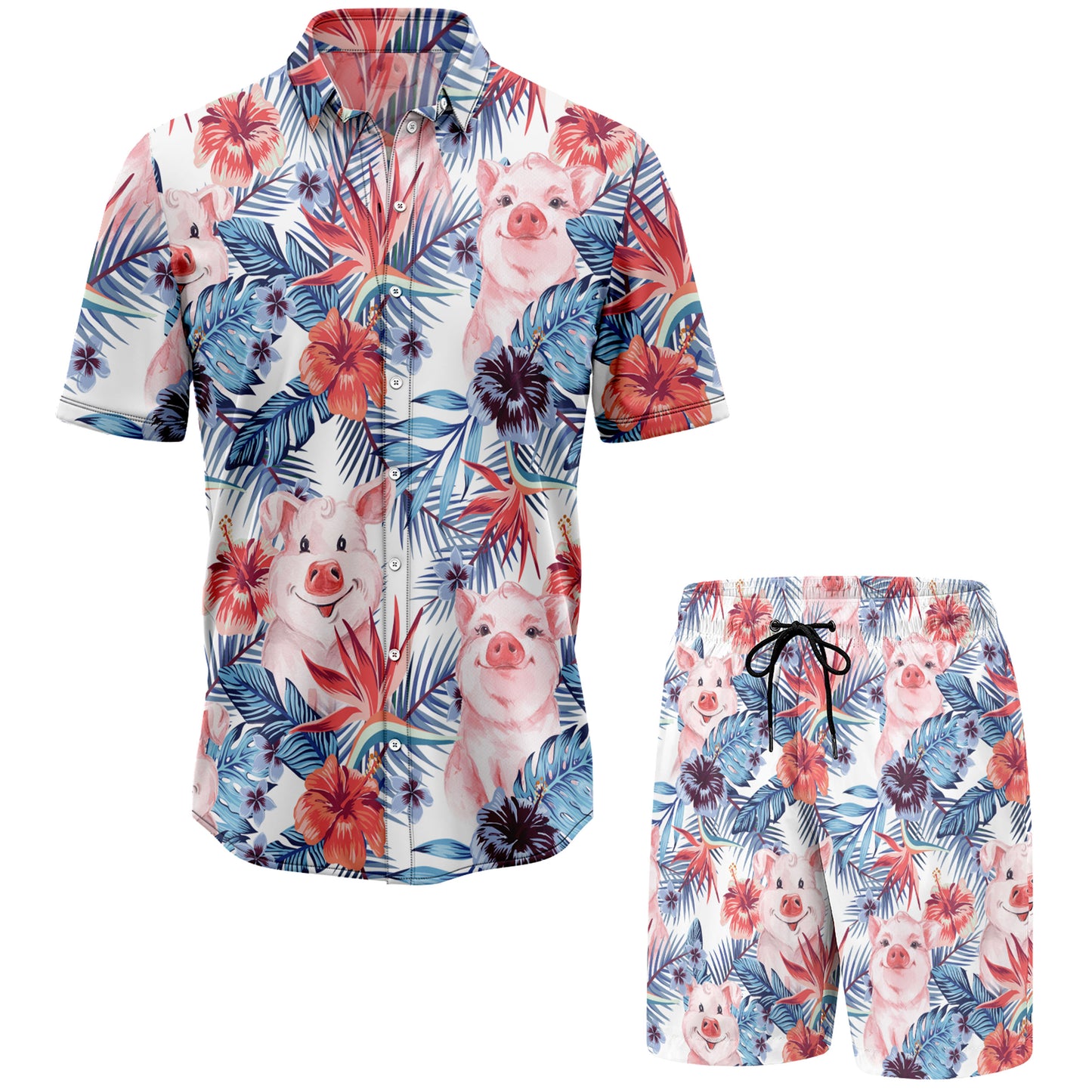 Cute Pig And Tropical Flowers Hawaiian Shirt And Shorts