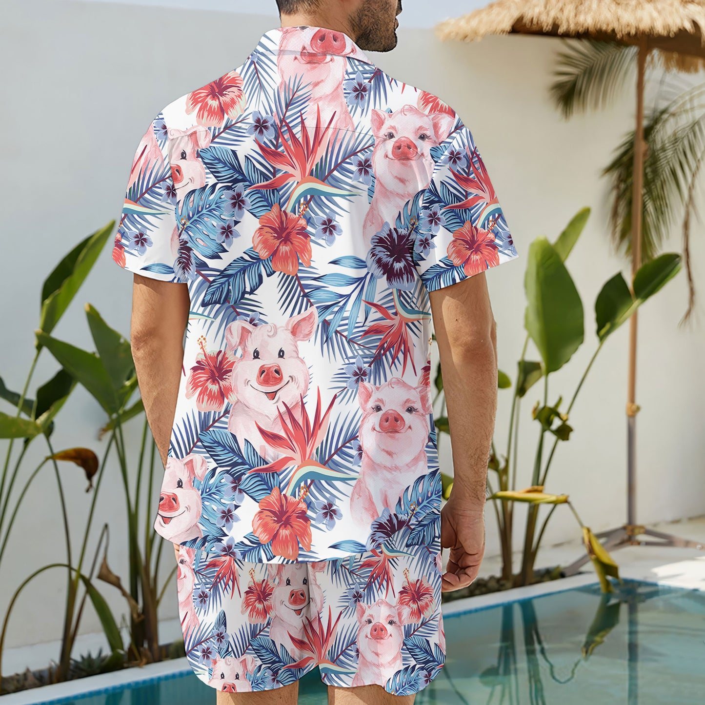 Cute Pig And Tropical Flowers Hawaiian Shirt And Shorts