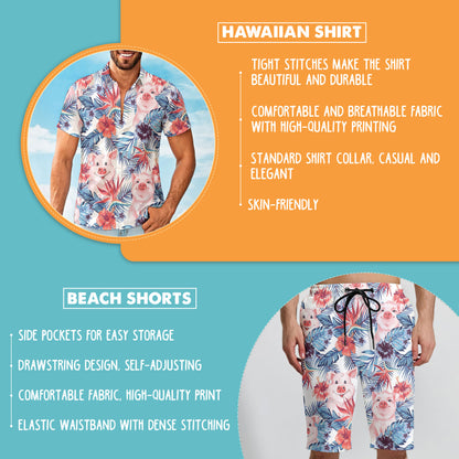 Cute Pig And Tropical Flowers Hawaiian Shirt And Shorts