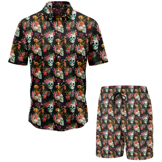Skull Tropical Flowers Hawaiian Shirt And Shorts