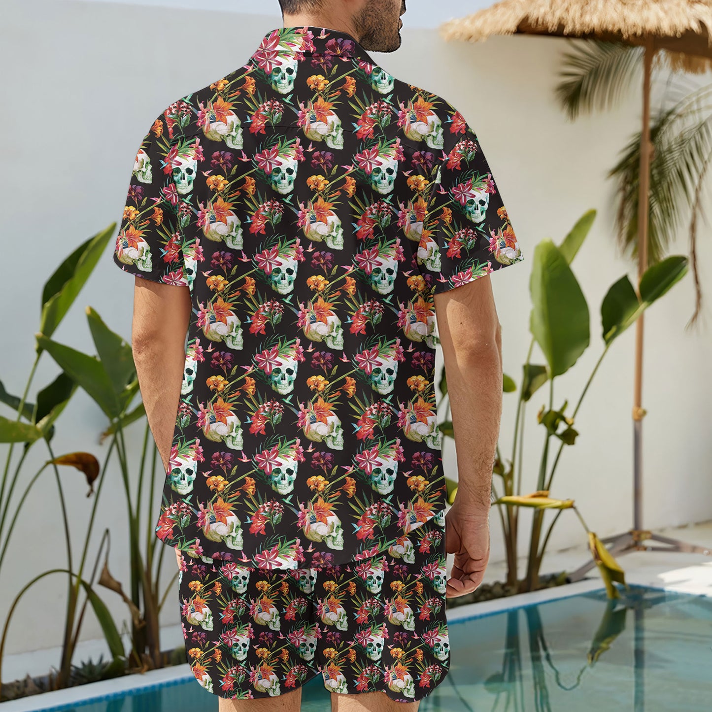 Skull Tropical Flowers Hawaiian Shirt And Shorts