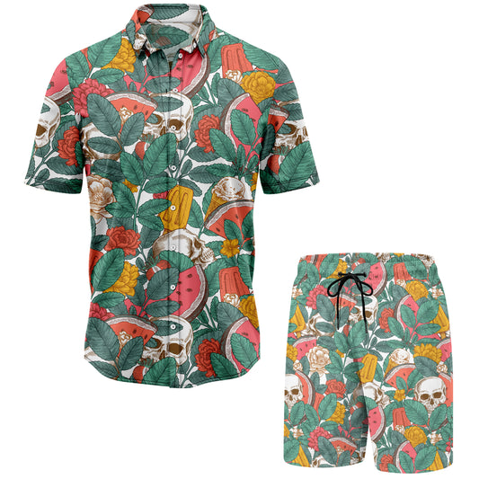 Skull With Tropical Fruits Hawaiian Shirt And Shorts