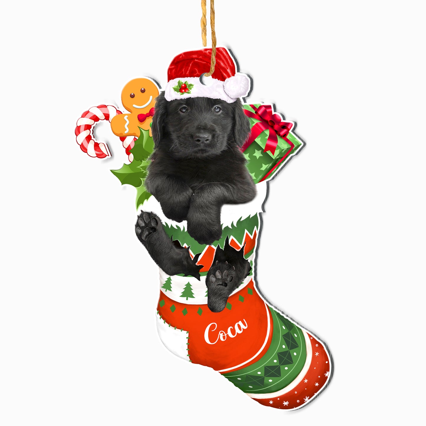 Personalized Flat Coated Retriever In Christmas Stocking Aluminum Ornament