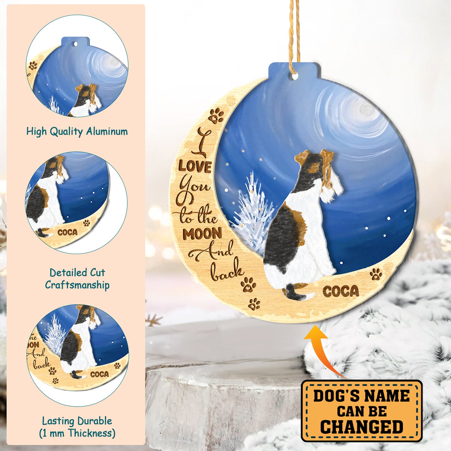 Personalized Fox Terrier On Moon Aluminum Ornament