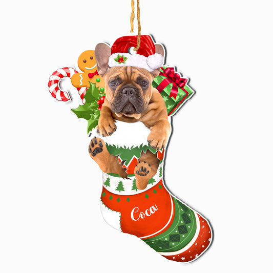Personalized Brown French Bulldog In Christmas Stocking Aluminum Ornament