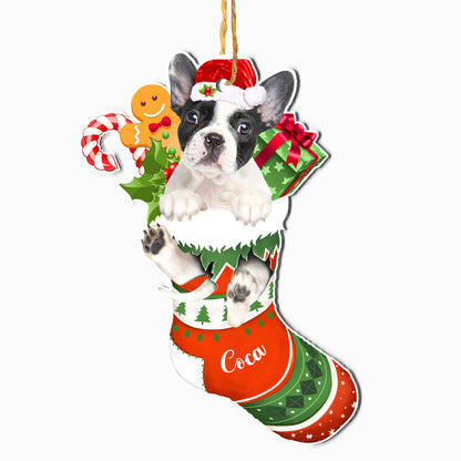 Personalized Black And White French Bulldog In Christmas Stocking Aluminum Ornament