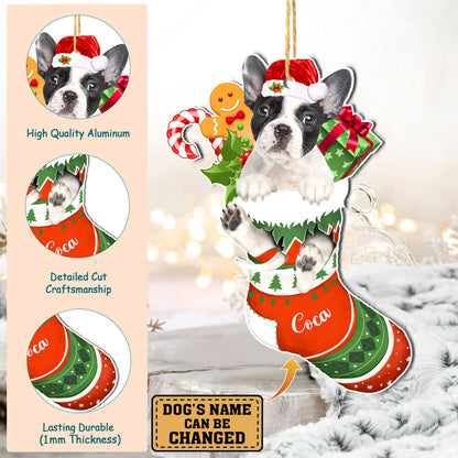 Personalized Black And White French Bulldog In Christmas Stocking Aluminum Ornament