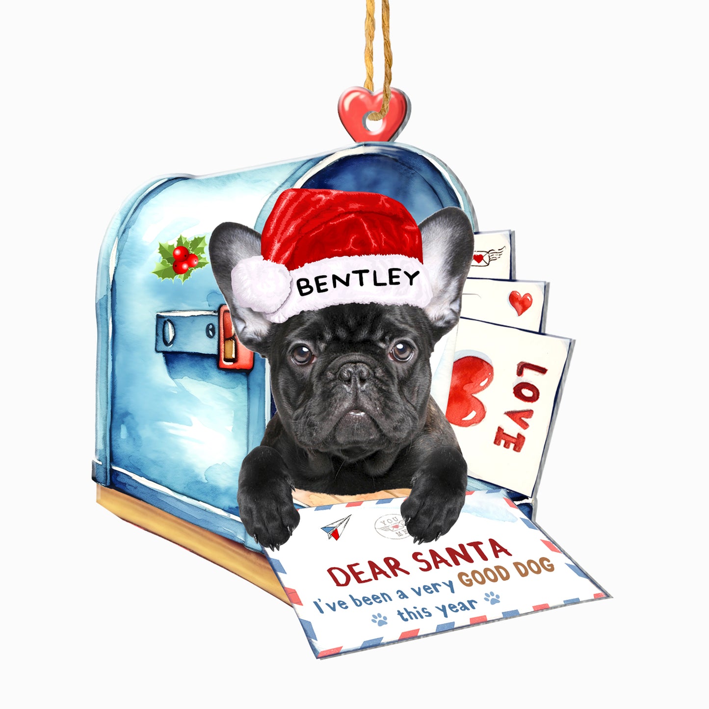 Personalized Black French Bulldog In Mailbox Christmas Aluminum Ornament