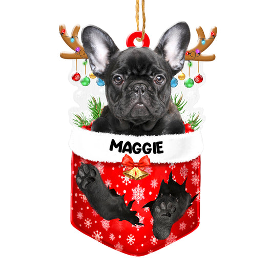 Personalized Black French Bulldog In Snow Pocket Christmas Acrylic Ornament