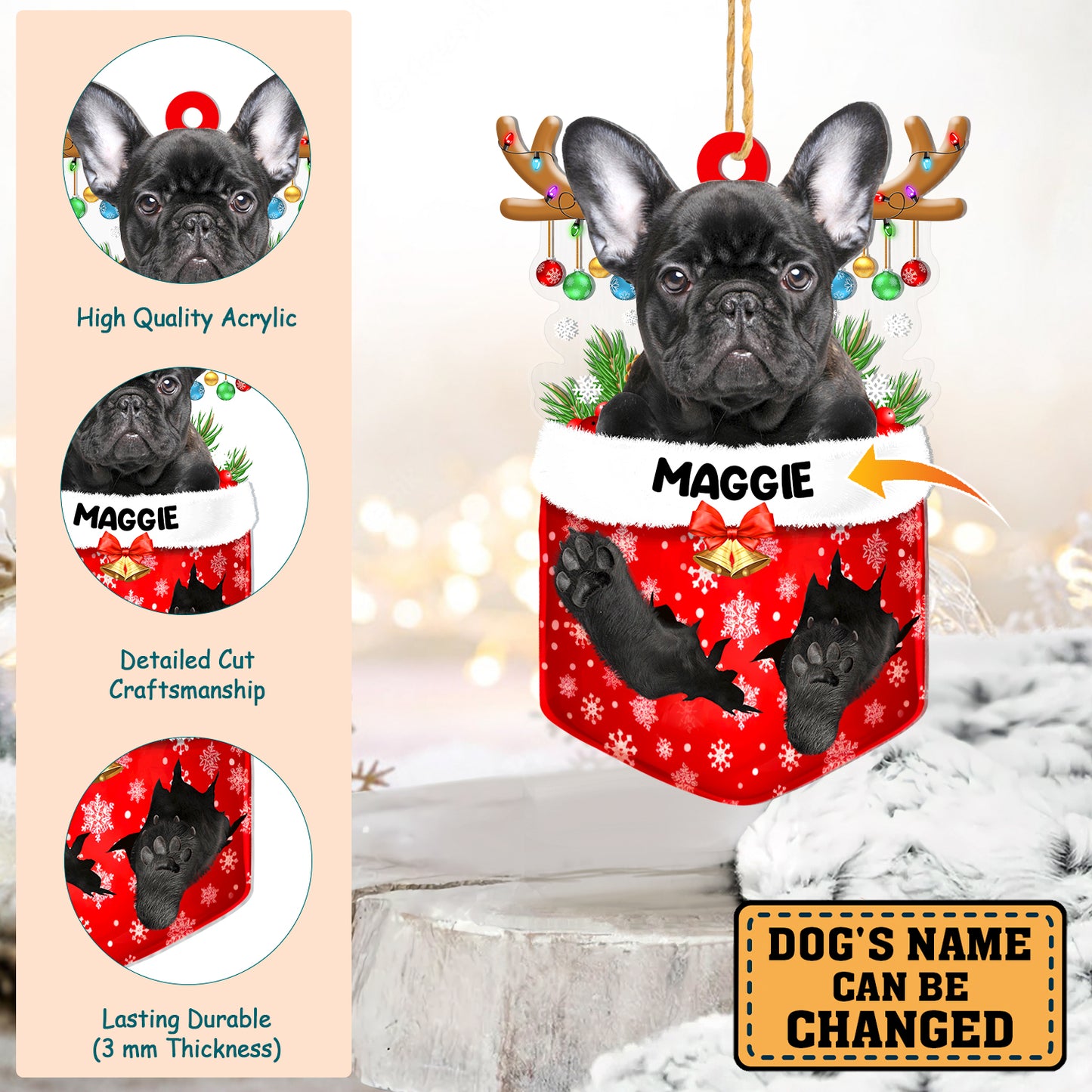 Personalized Black French Bulldog In Snow Pocket Christmas Acrylic Ornament