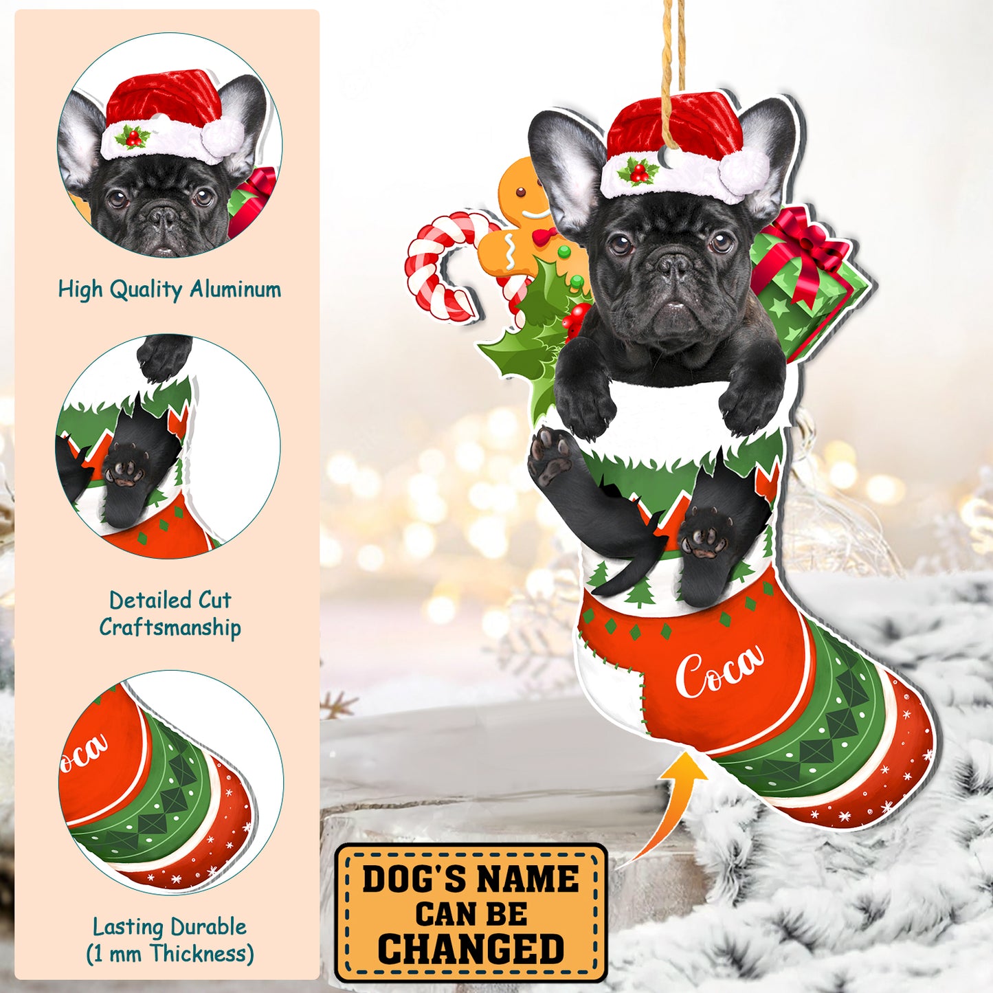 Personalized Black French Bulldog In Christmas Stocking Aluminum Ornament